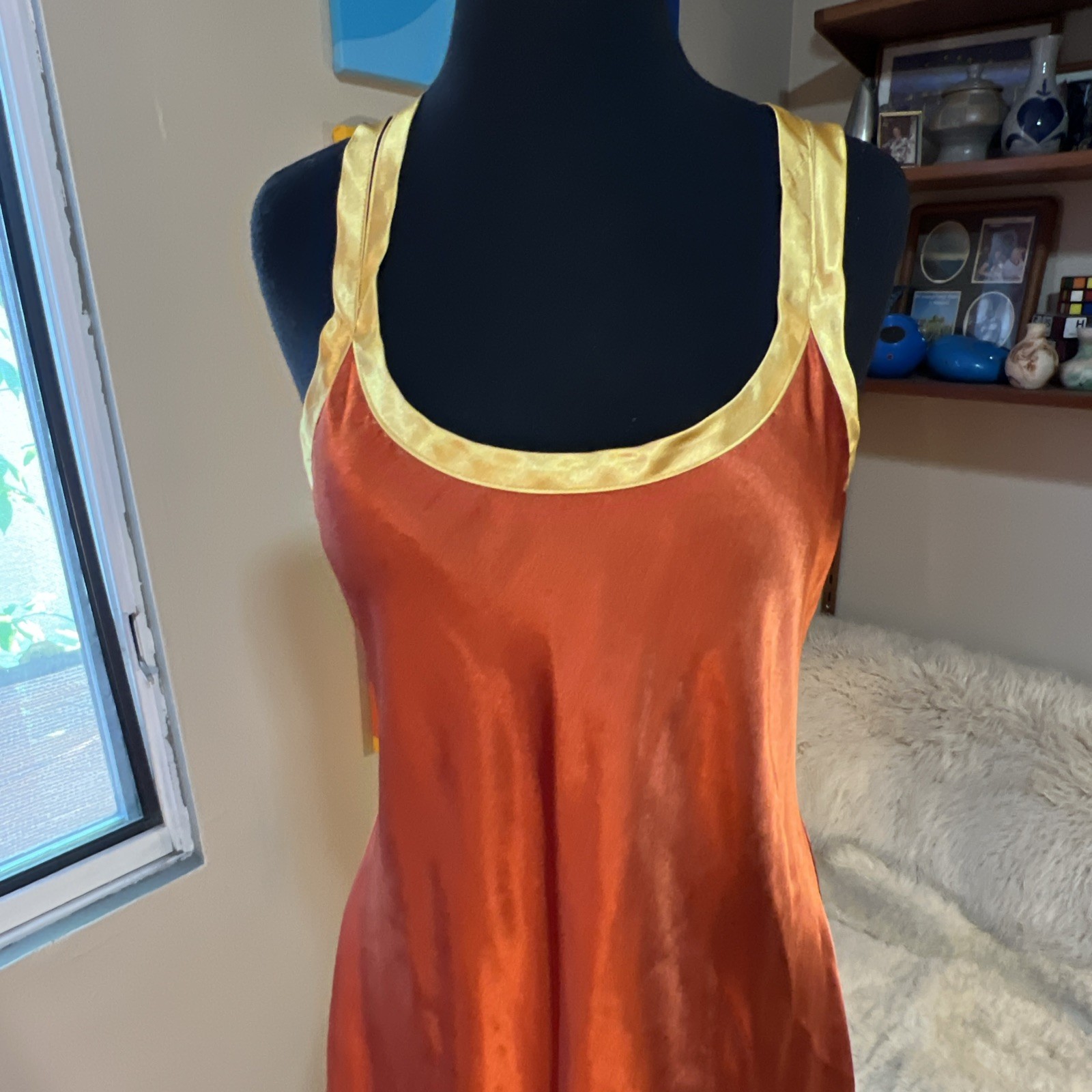 Vtg 90s Racerback Slip Dress Gold Long Liquid Satin Shiny Nightgown Medium