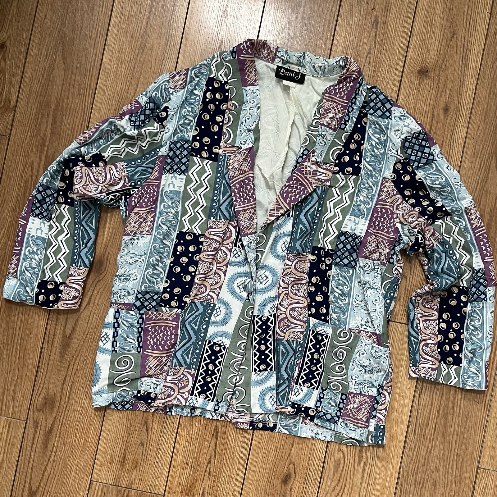 VTG 80s Dani J. Funky Patterned 3/4 Sleeve Blazer – Cool Tones | Sz: 14