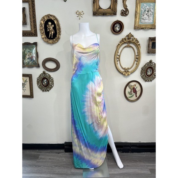 Retrofete Tie-Dye Cowl Neck Marelene Silk Slip Maxi Dress Size L