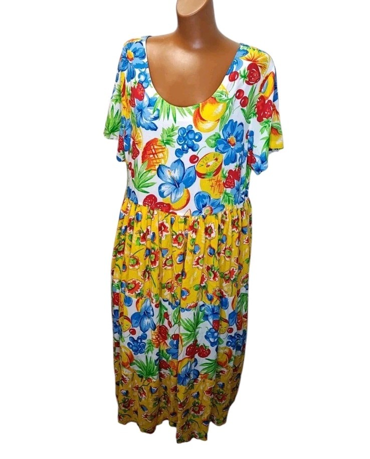 Vtg 90s Floral Fruit Salad Tiered Midi Dress Yellow Colorful Lightweight L To 3X