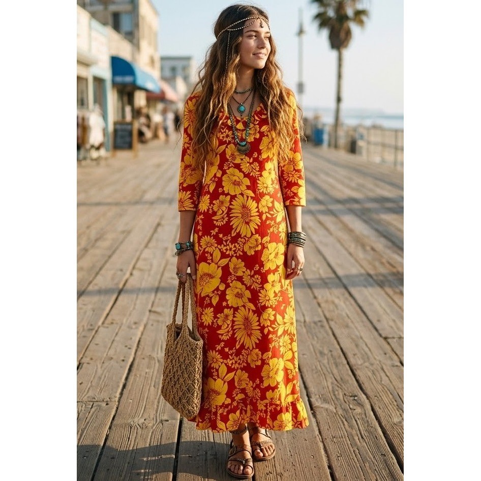 Vintage 70s Cole of California Jrs 11 Mod Red Yellow Floral Maxi Dress Ruffle