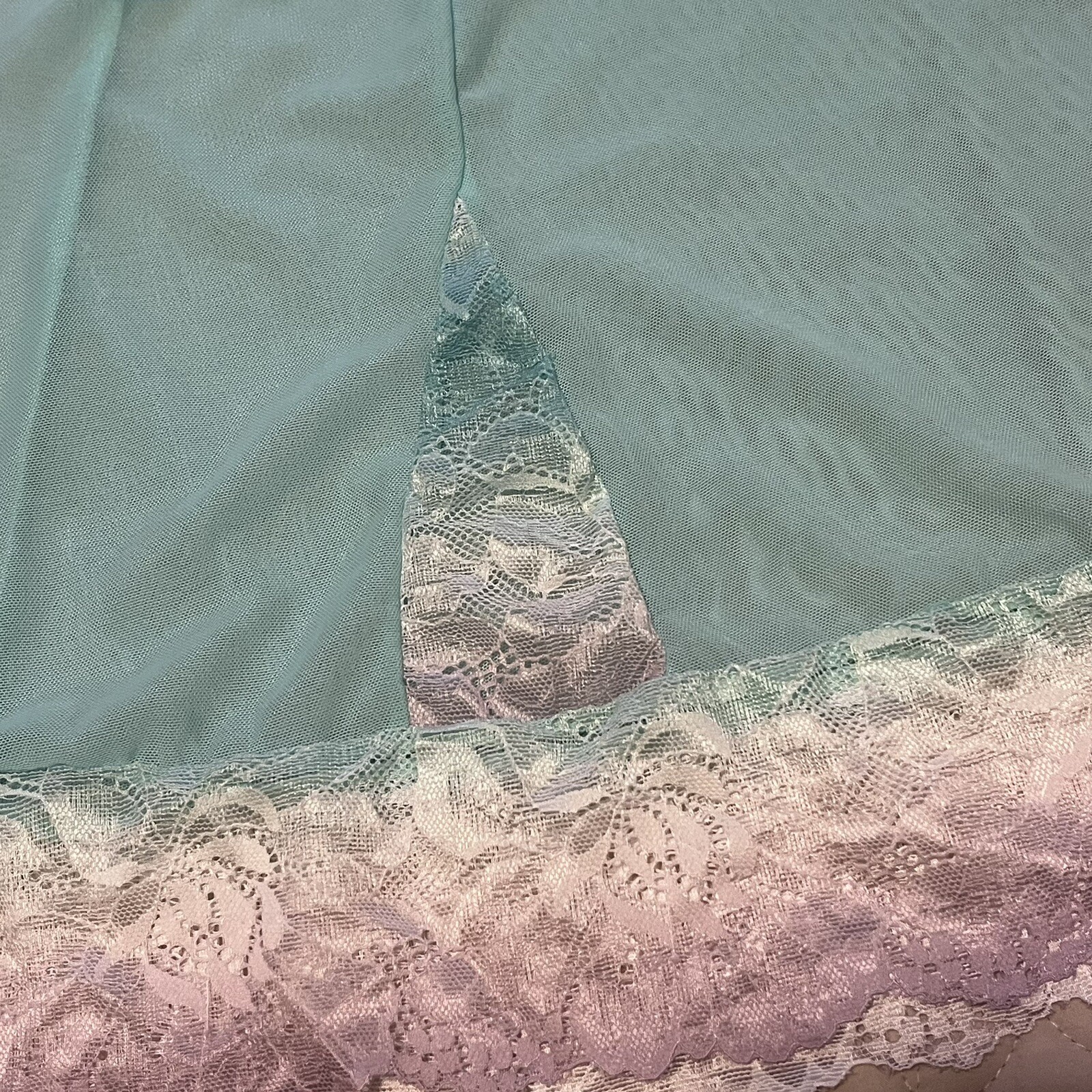 Vintage Ultra Feminine Aqua Lace Trim Mini Slip w/Adjustable Straps Size XL