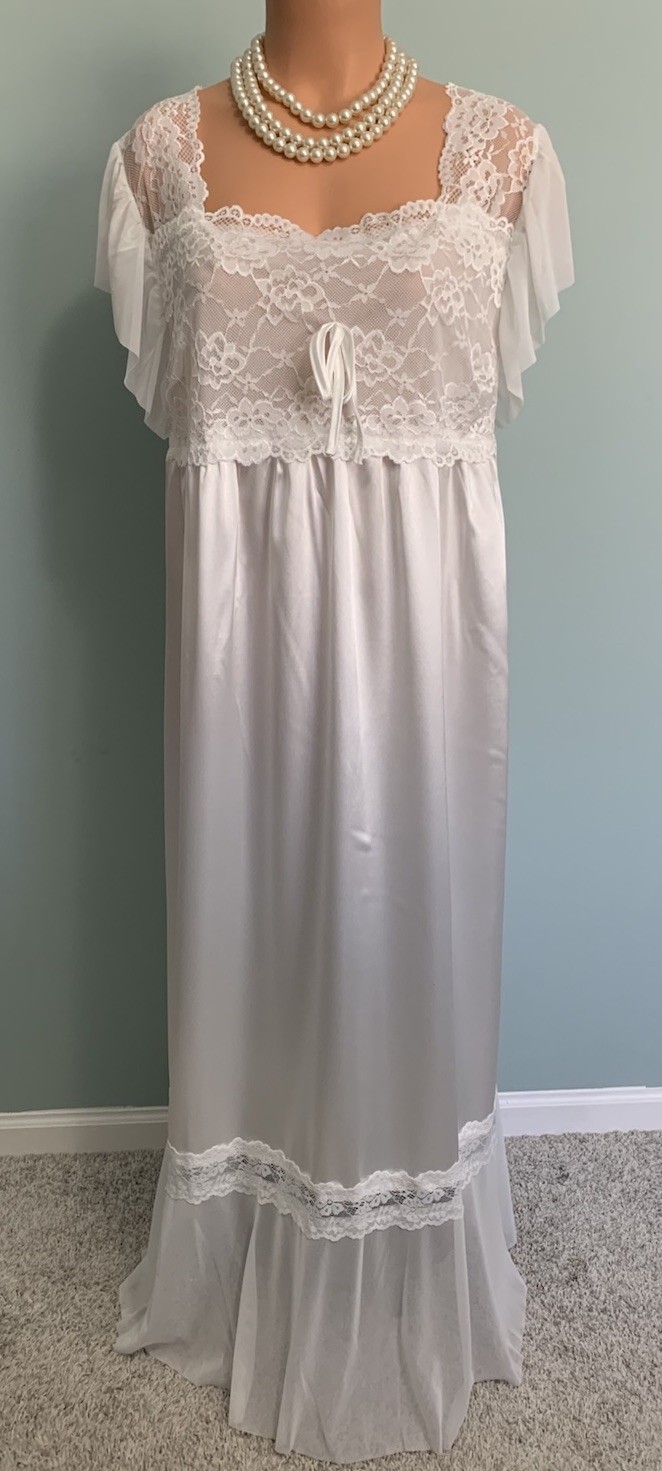 New Glossy 3X Satin & Chiffon Slip Dress Nightgown Lounge Bridal White Elegant