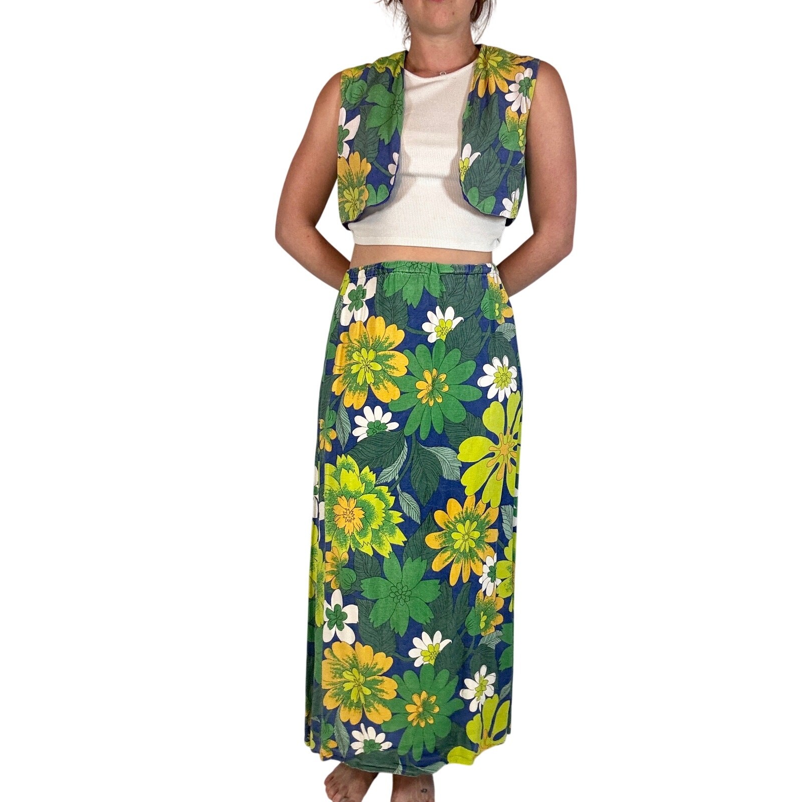 Vintage 1960s Floral Cotton Skirt Set Mod Resort Wear Vest Maxi Skirt Blue Green