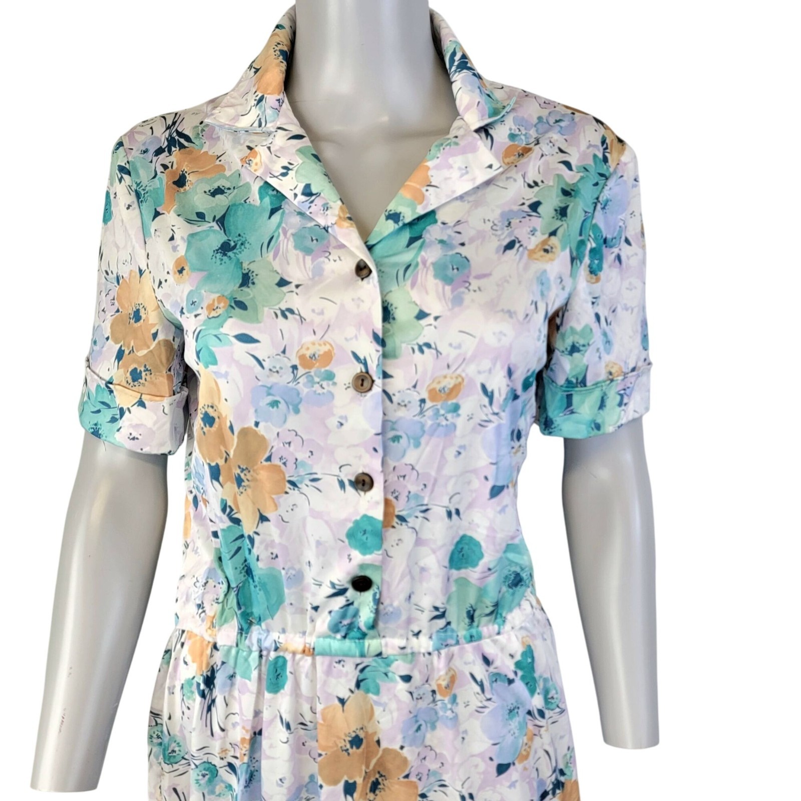 Vintage 70s Nylon Midi Shirt Dress Women Large 12 14 Blue Floral Collar Spring L