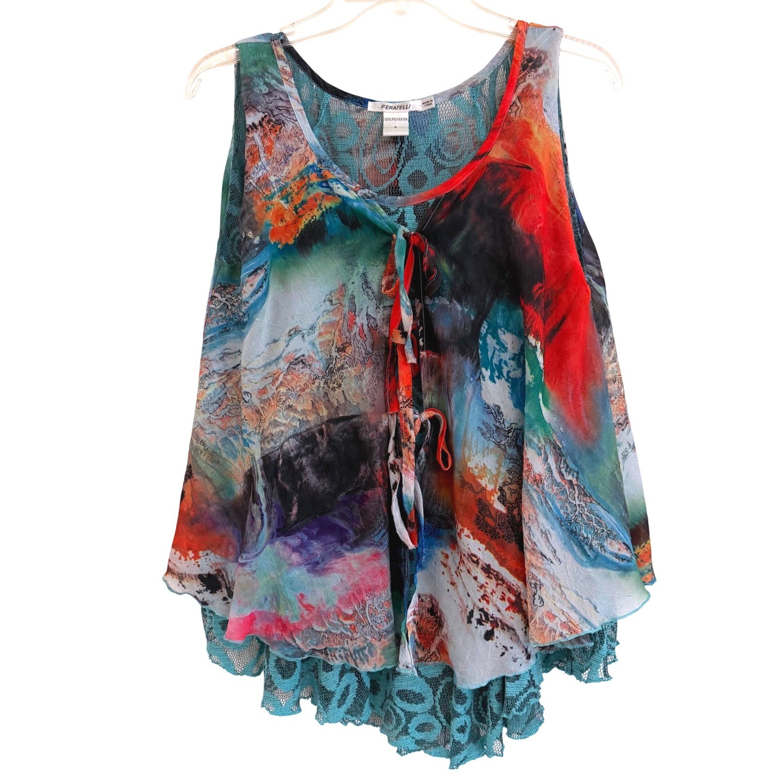 Feratelli Bohemian Abstract Artsy Print Lace Layered TankTop Lagenlook S VTG
