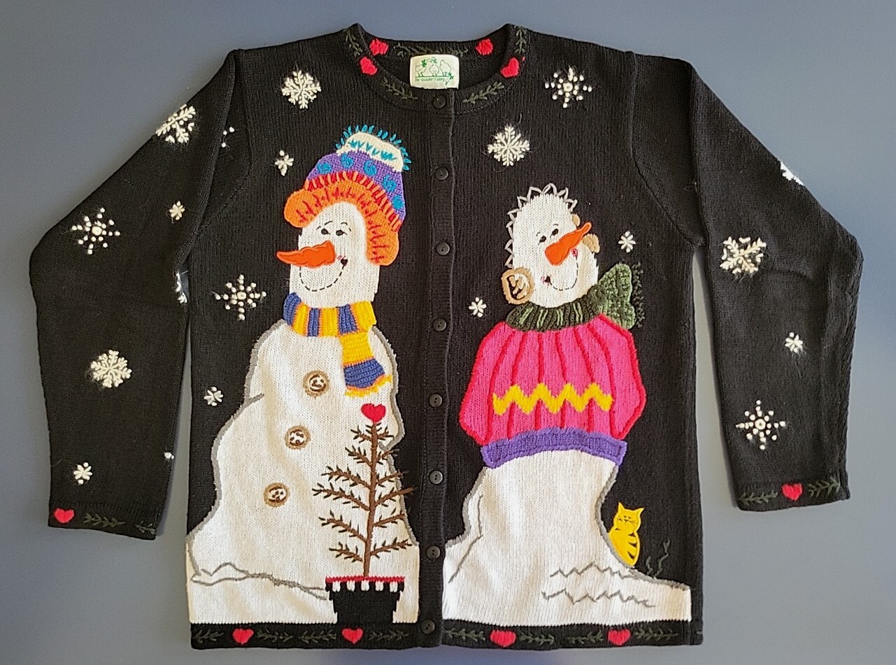 Vintage The Quacker Factory Women M Winter Snowmen Theme Knit Button Up Sweater