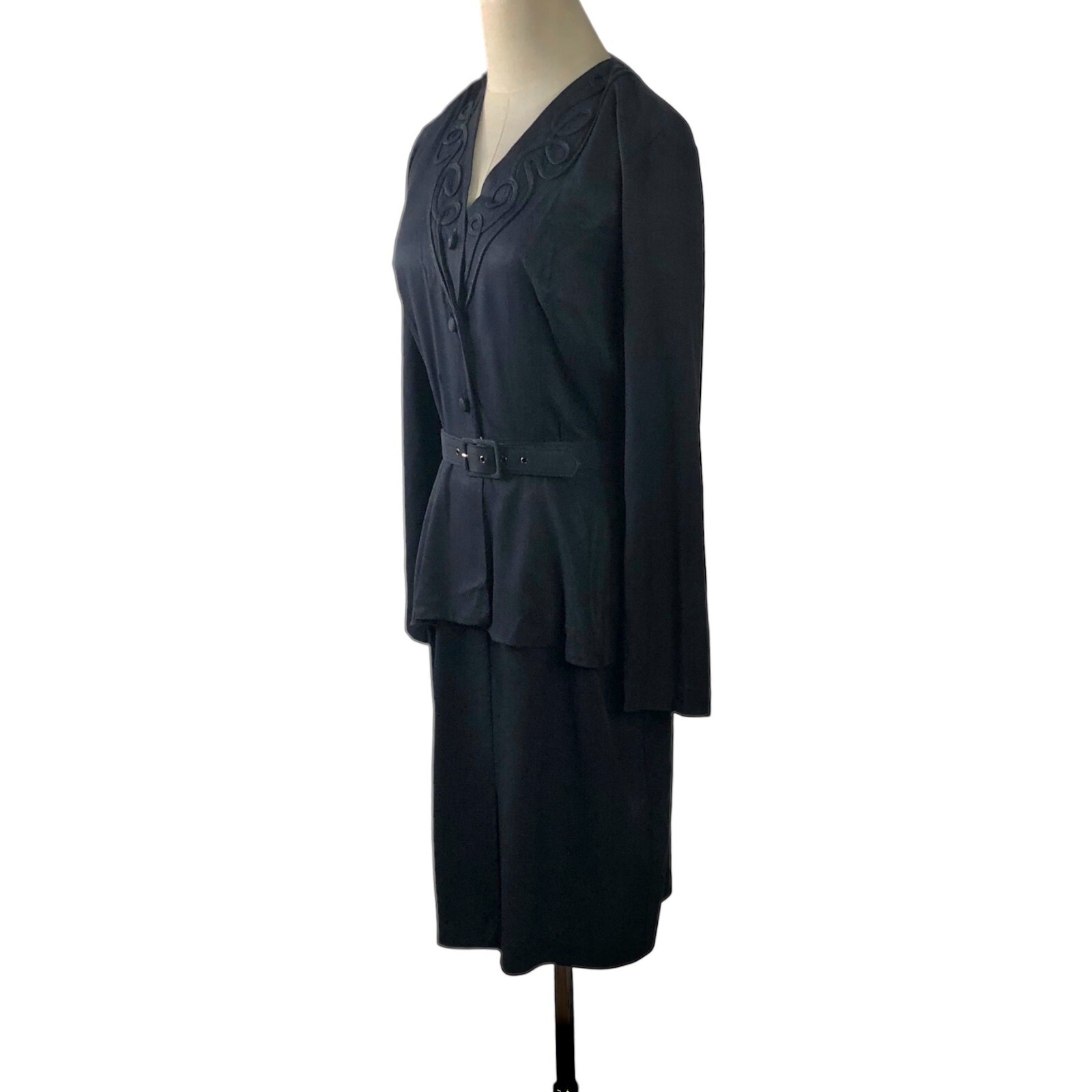 Carol Anderson Vintage Dress Size 6 Navy Blue Soutache Belted Peplum Mourning