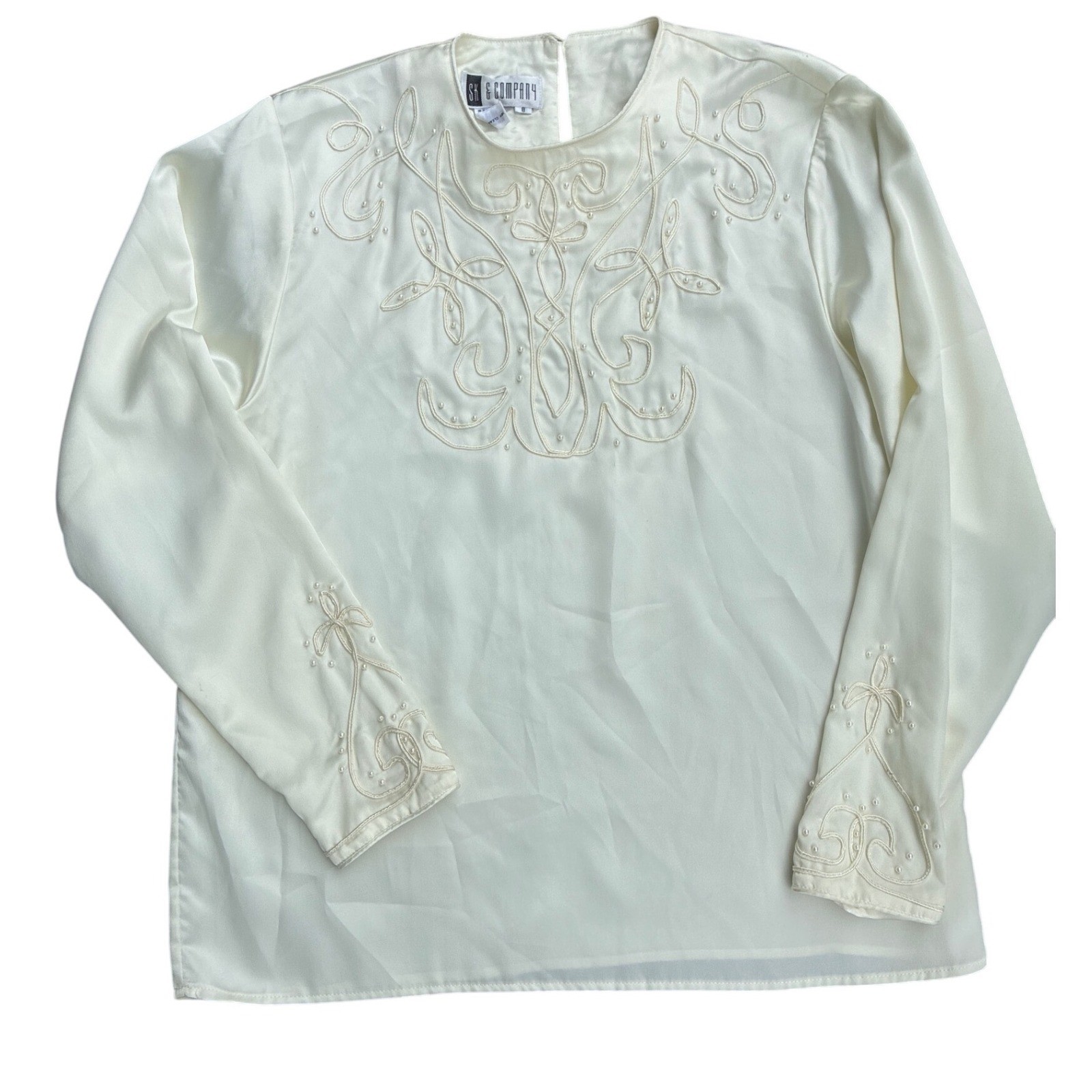 SK Company Vintage Blouse Womens Sz 8 Ivory Embroidered Pearl Detail wedding
