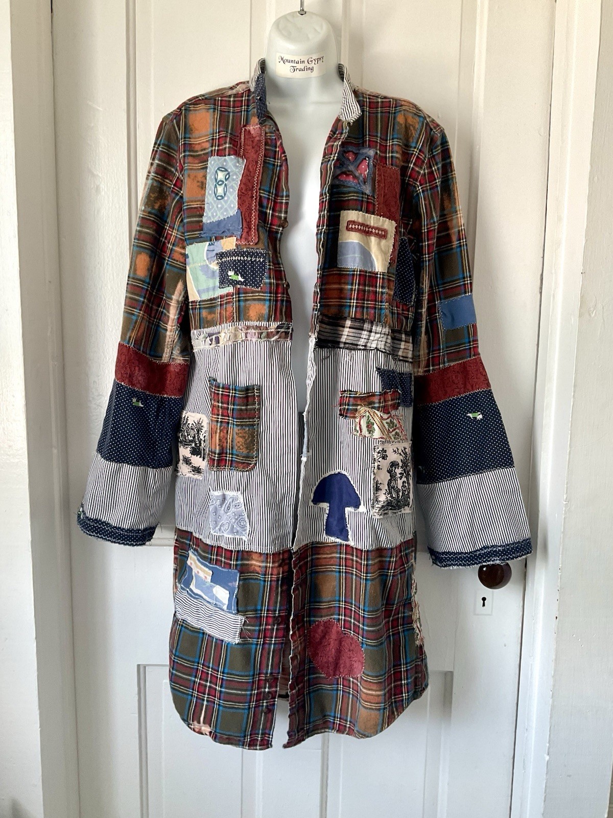 Upcycled Duster Shacket Patchwork Mushroom “Cosmic Prairie Blooz” Boho Gypsy