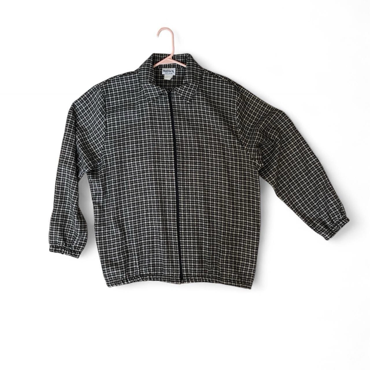BonWorth USA Black White Plaid Zip Front Jacket Elastic Hem Lightweight