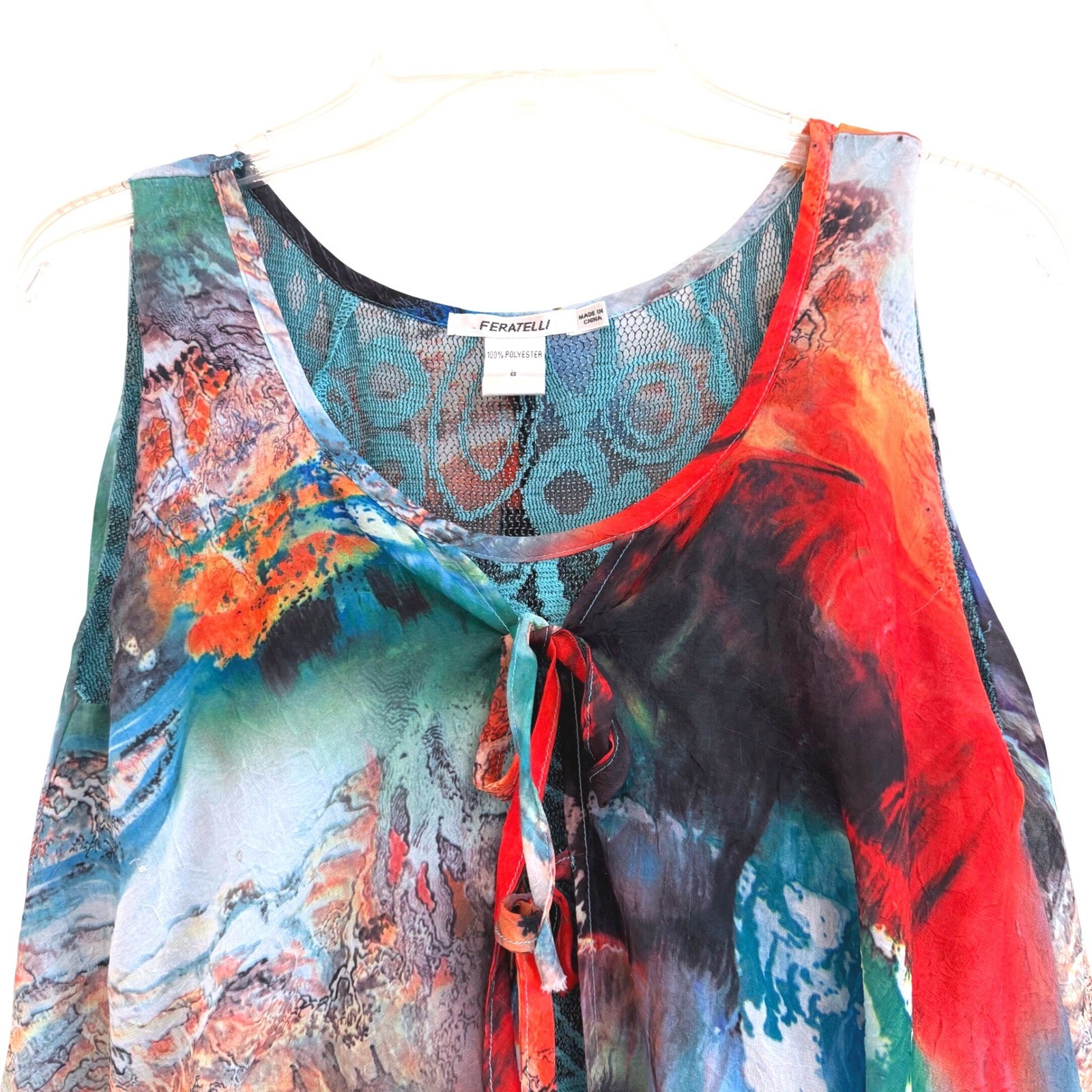 Feratelli Bohemian Abstract Artsy Print Lace Layered TankTop Lagenlook S VTG