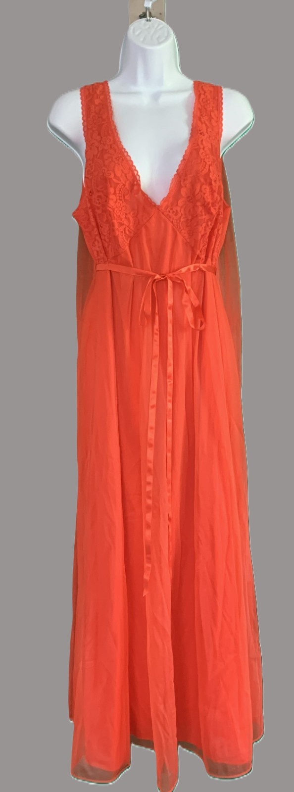 Vtg 60s Chiffon Overlay Persimmon Lace Watteau Train Nightgown Large? CUT TAG