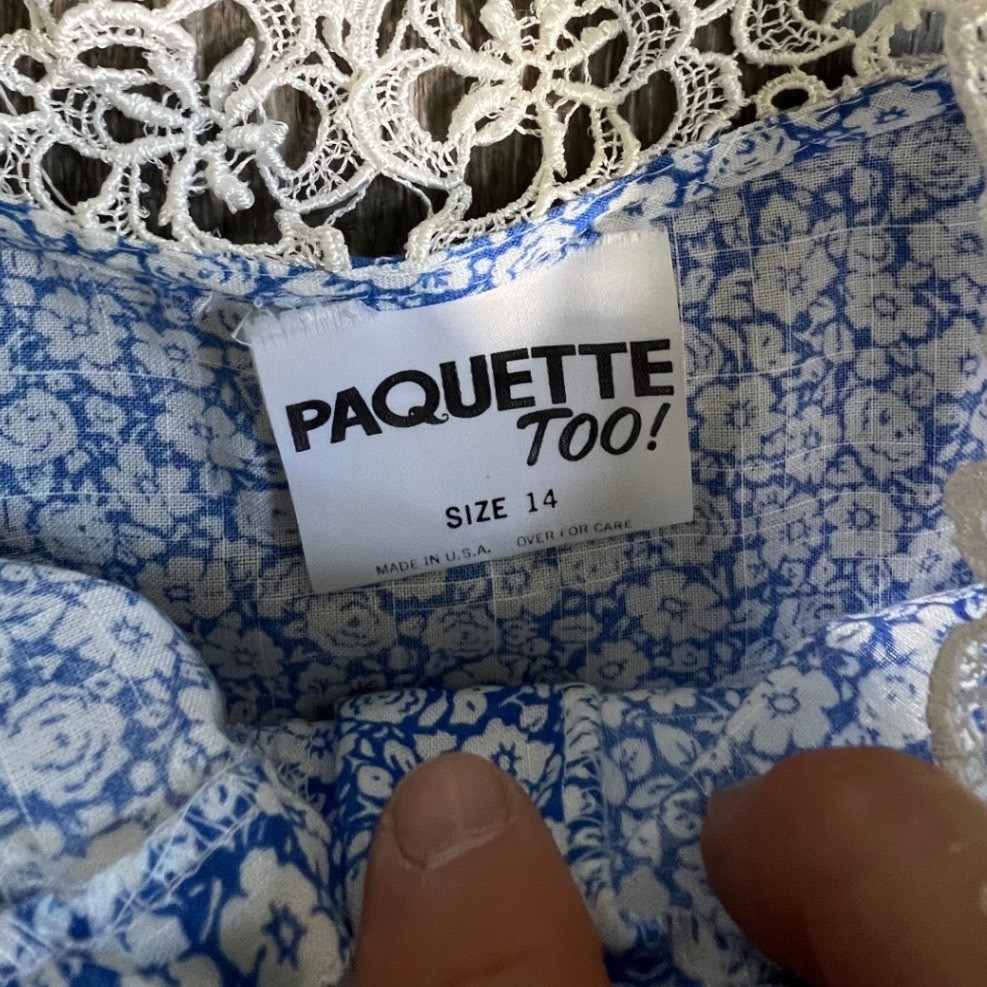 Paquette Too! Floral Peplum Dress Womens 14 Blue Lace Collar Vintage 80s Belted