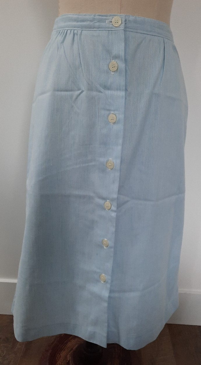 True VTG COS COB Ladies Size 13/14 S Blue White Skirt Midi Striped Button Front