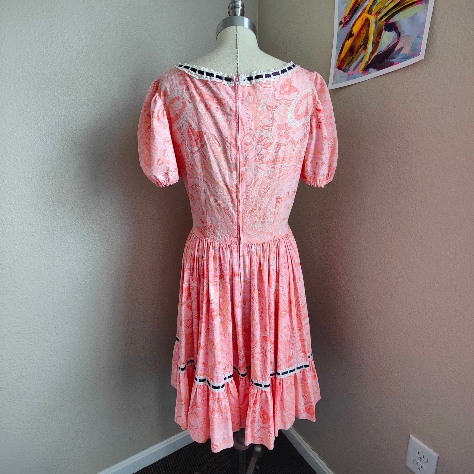 Vintage 60s 70s Handmade Pink Paisley Dress Square Dance Circle Prairie Western