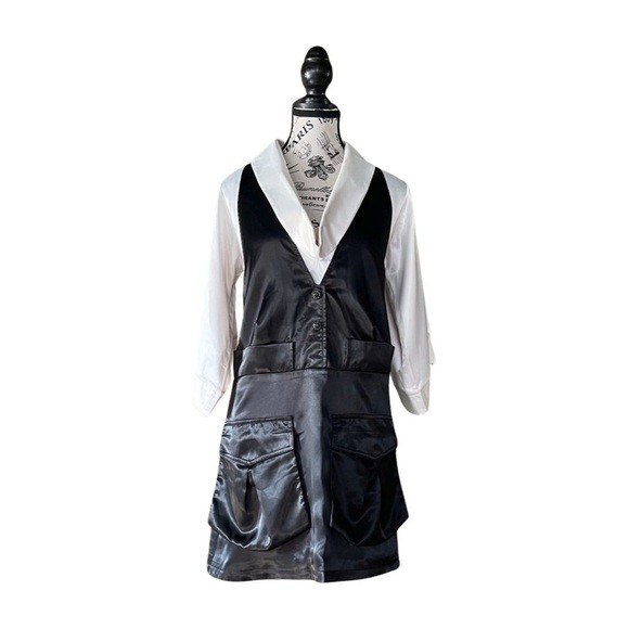 Vintage 90s 00s Anna Sui Black White 100% Silk Tuxedo Dress Made In Italy