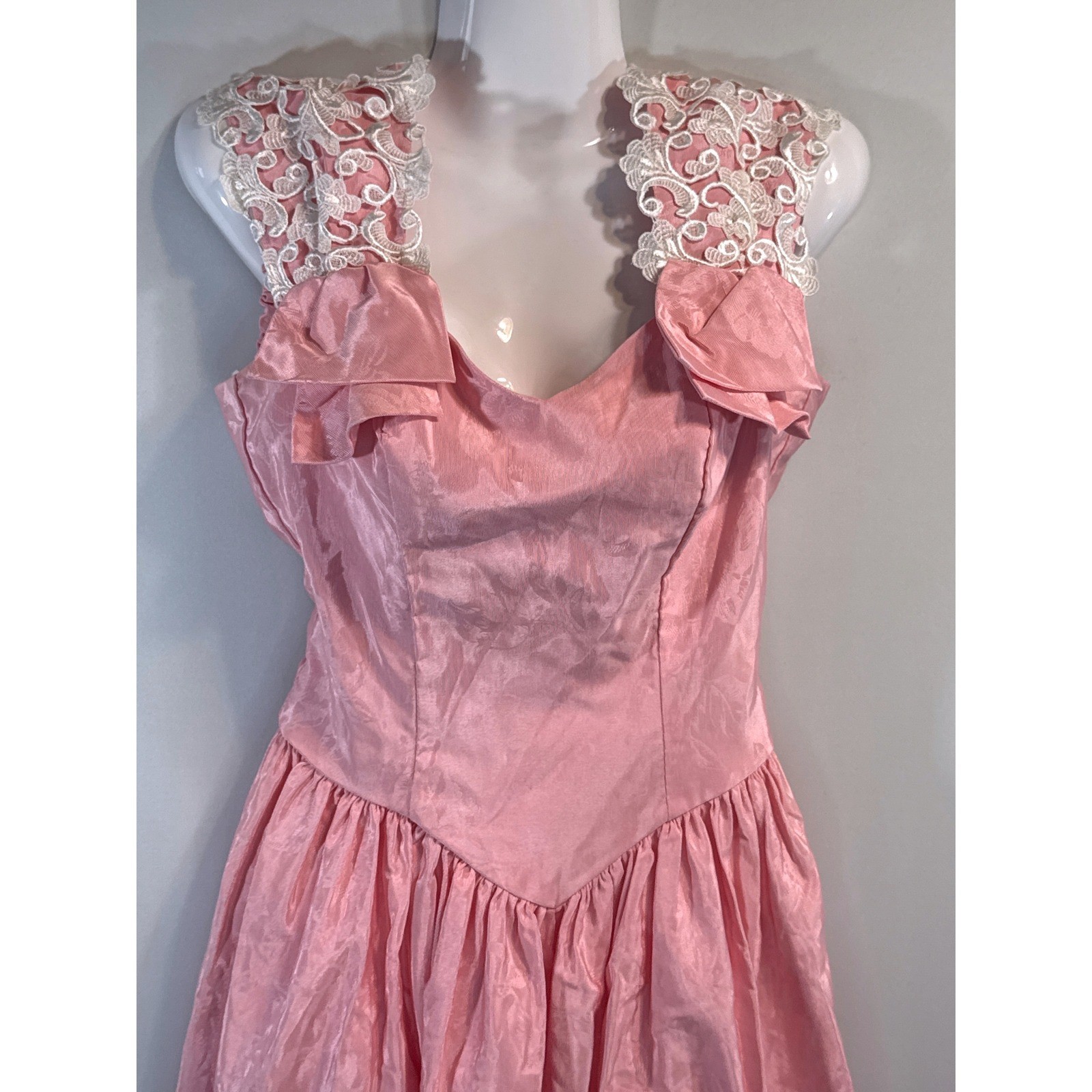 Vintage Alfred Angelo Floral Jacquard Midi Dress Lace Trim Basque Waist 80s XS