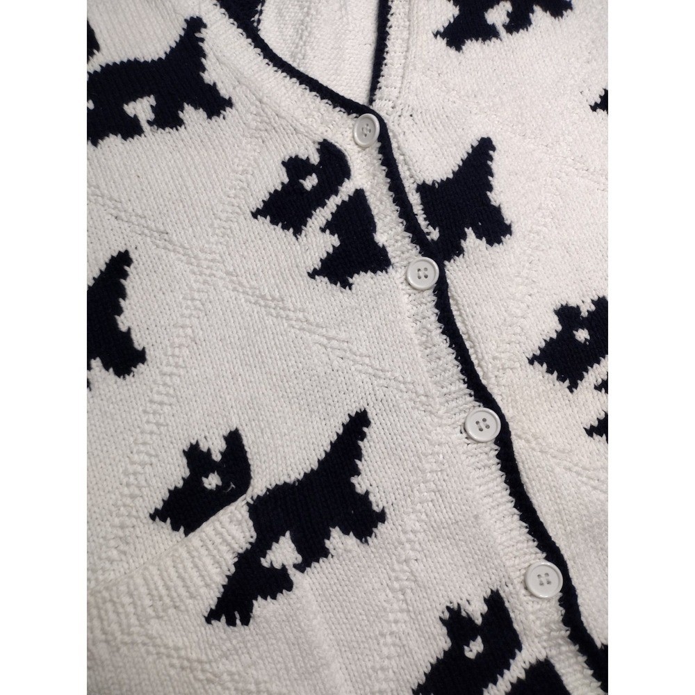 Adrienne Vittadini Scottie Dog Cardigan Sweater Small White Black Cotton Vintage
