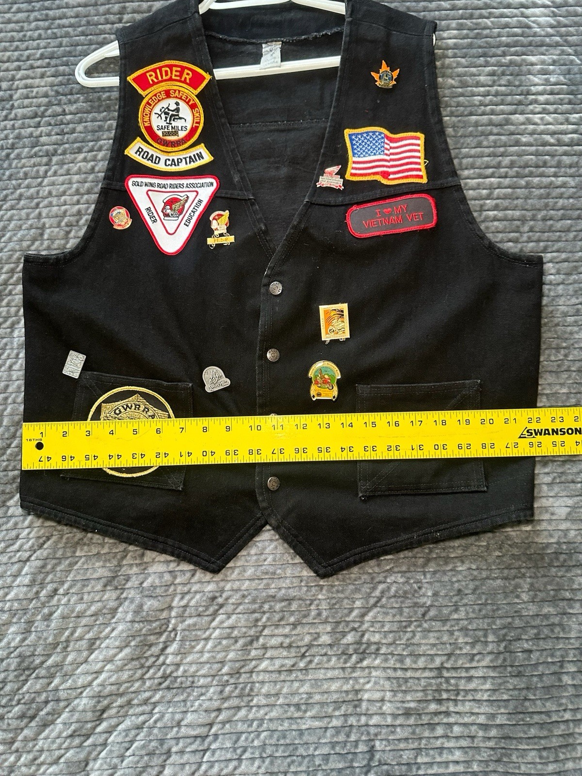 Vintage 90s Ladies Handmade Goldwing Rider Black Denim Vest Pins Patches GWRRA