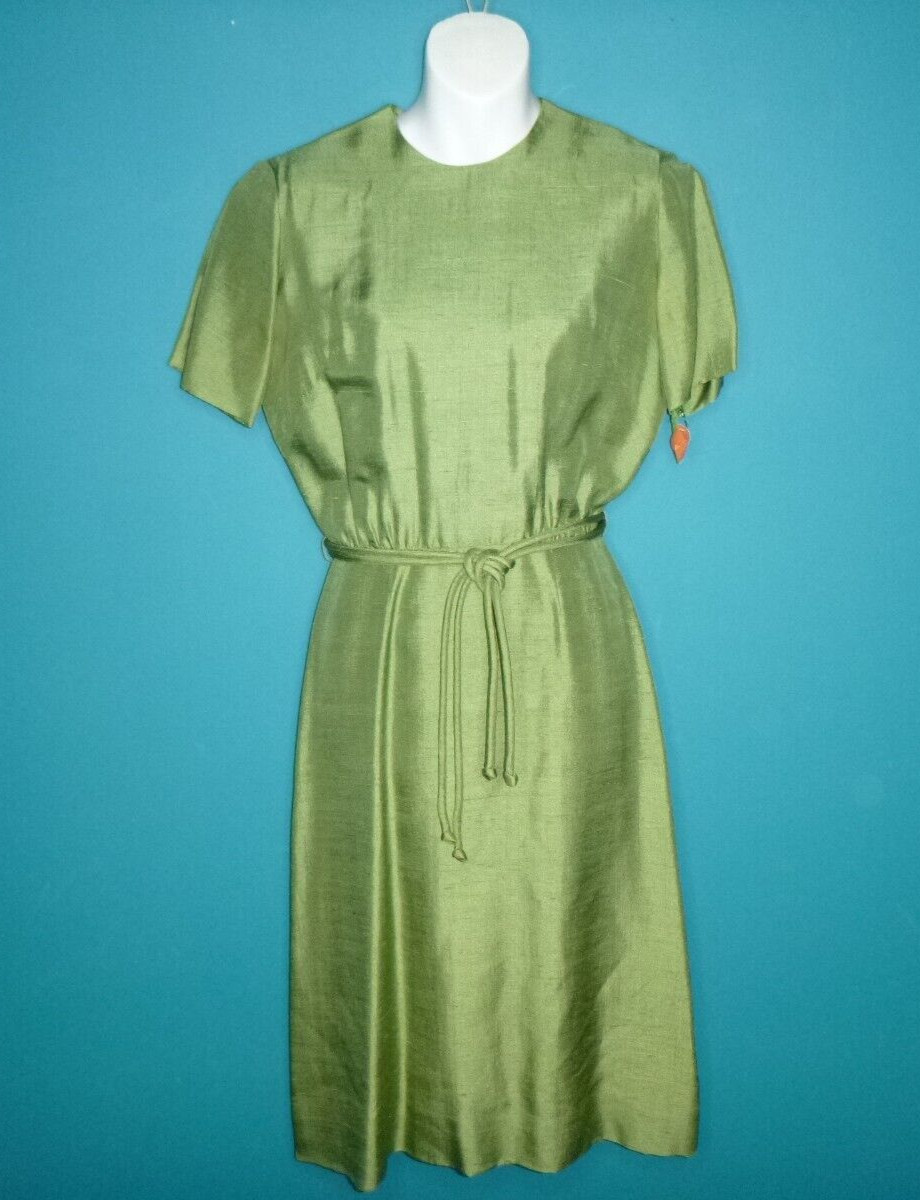 Vtg 50s 60s Mancini California Green Silk Dupioni Sheath Dress W/ Belt Sz S/M