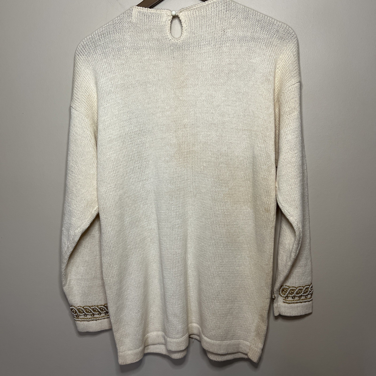 Victoria Harbour Vintage 80s Cream Pearl Embroidery Trim Sweater Large