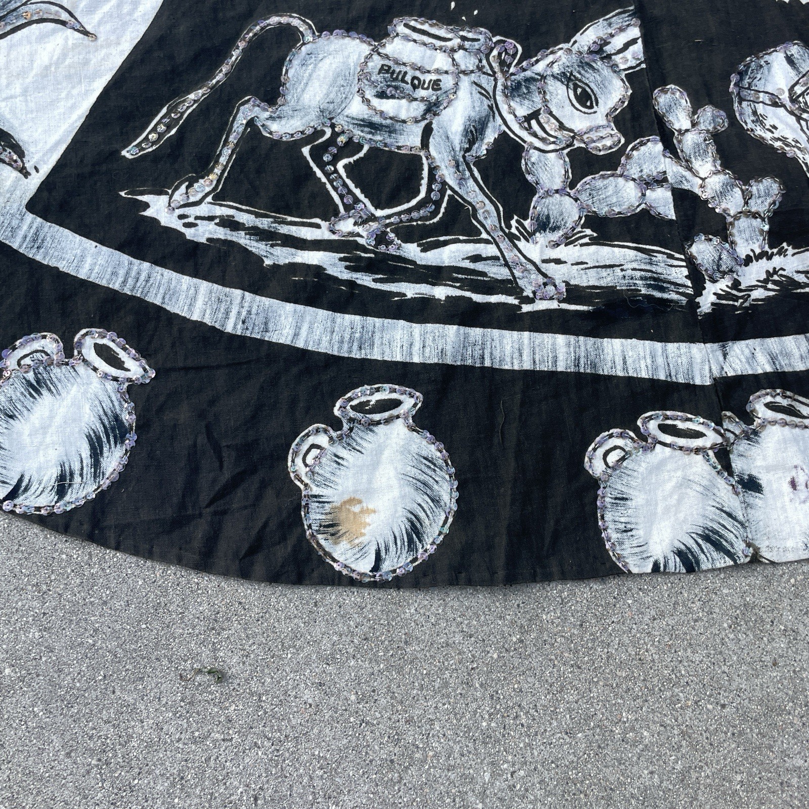 Vintage 1950s L- XL Hand Painted Donkey Mexican Circle Swing Skirt Sequin Mexico
