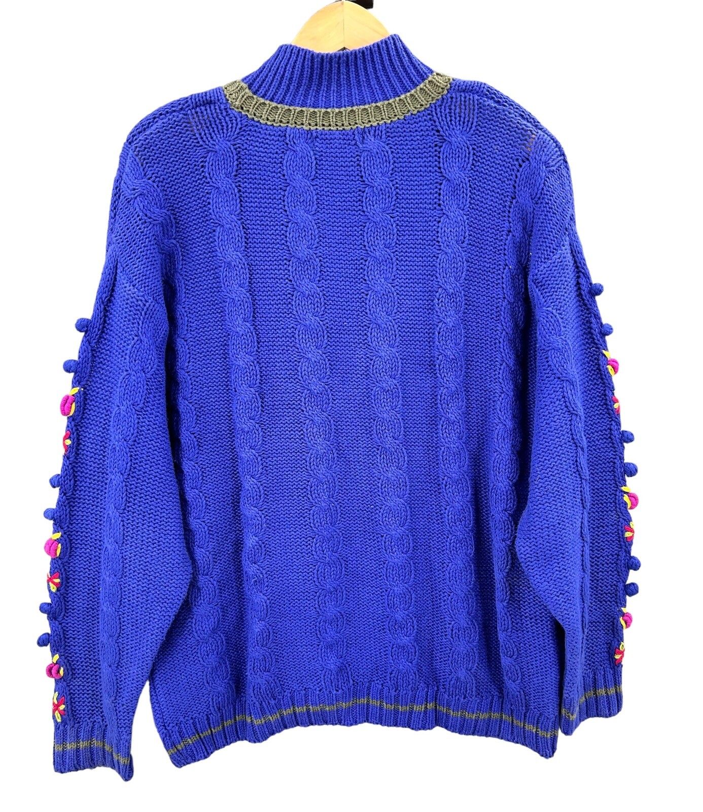 Vintage Counterparts Sweater Cable Knit Floral Pom Blue Women’s Size Medium 80’s