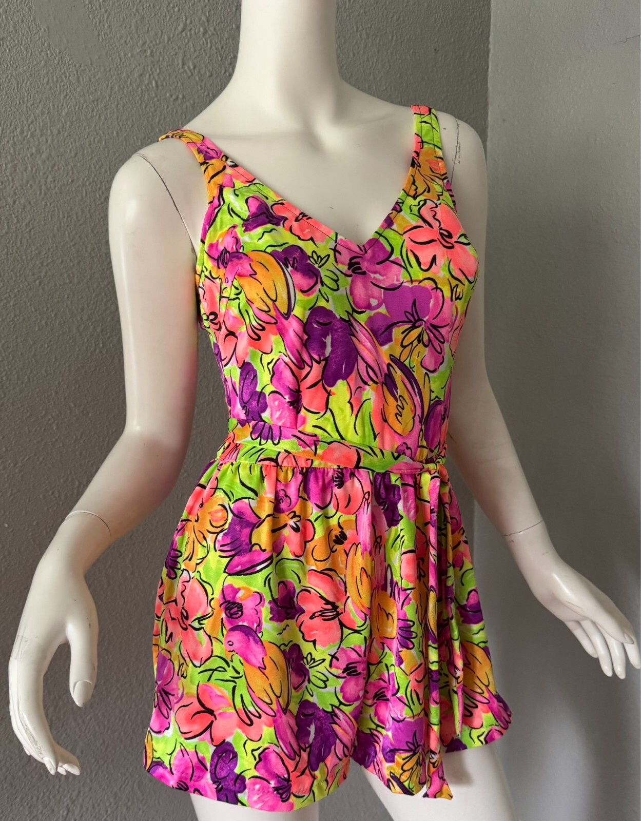 Vintage 80 Neon Colorful Pin Up RETRO Floral Romper Playsuit Swimsuit M
