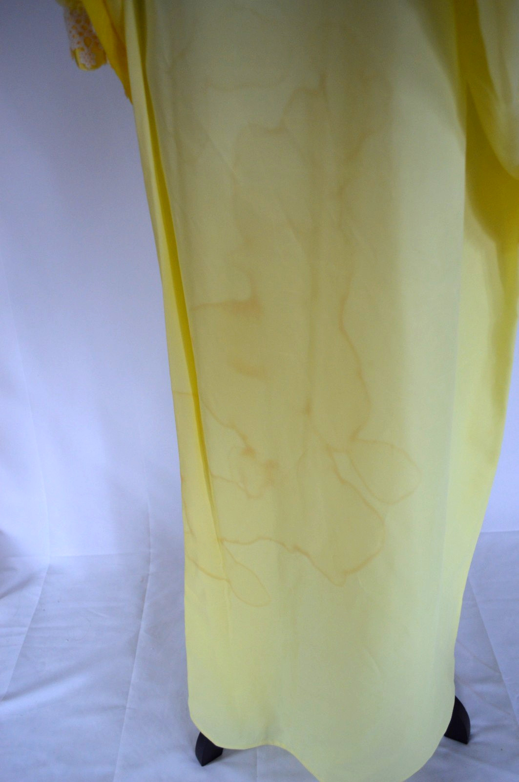 Women’s Vintage 1970s Yellow Maxi Dress with Cream Trim and Matching Head Piece