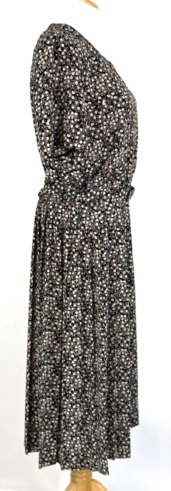 Leslie Fay Womans Size 14 Dress Floral Black Vintage Belted Midi Classic Modest