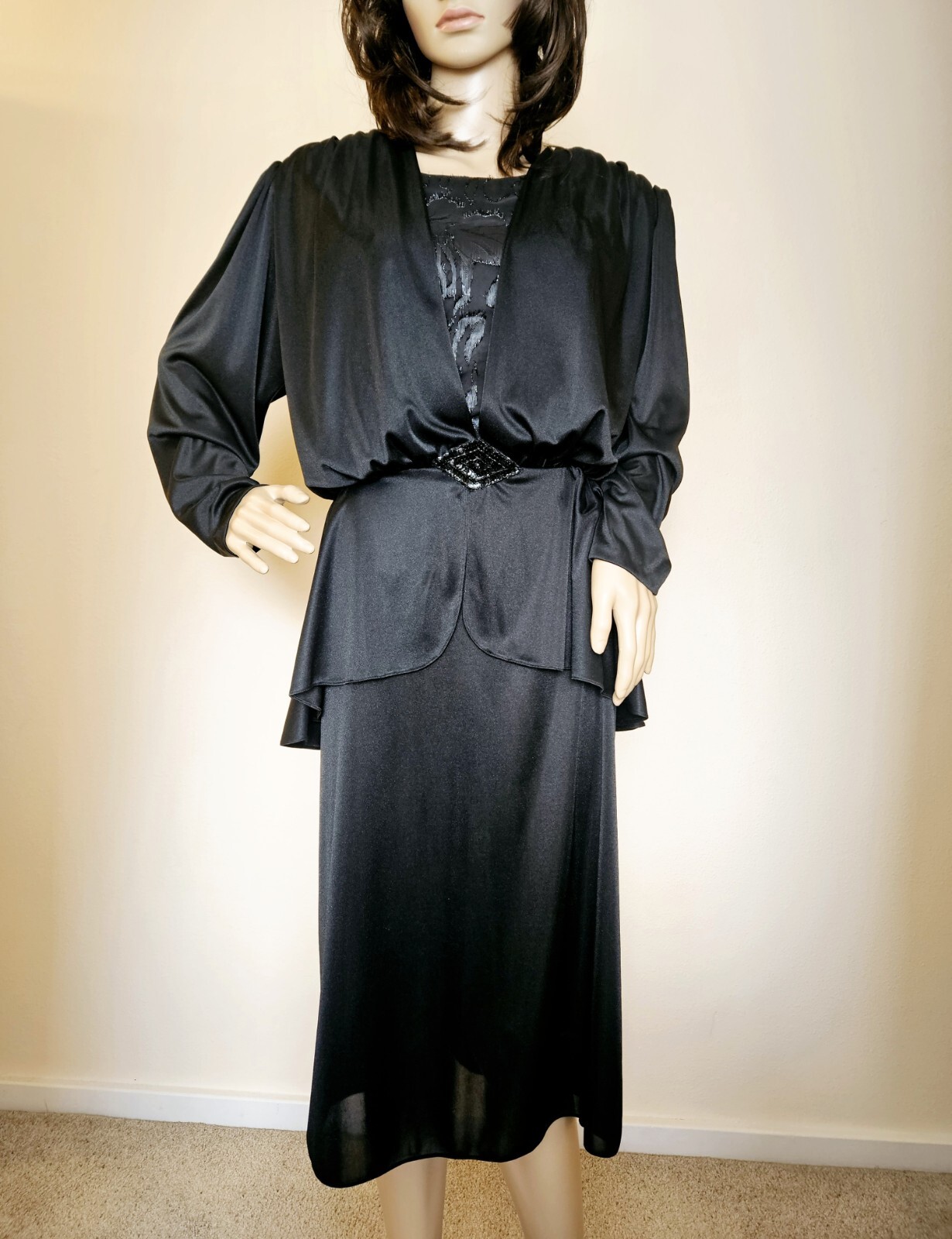 Vintage BOSTON MAID Rich Widow Black Sequins Peplum Cocktail Dress 12 M 8 10