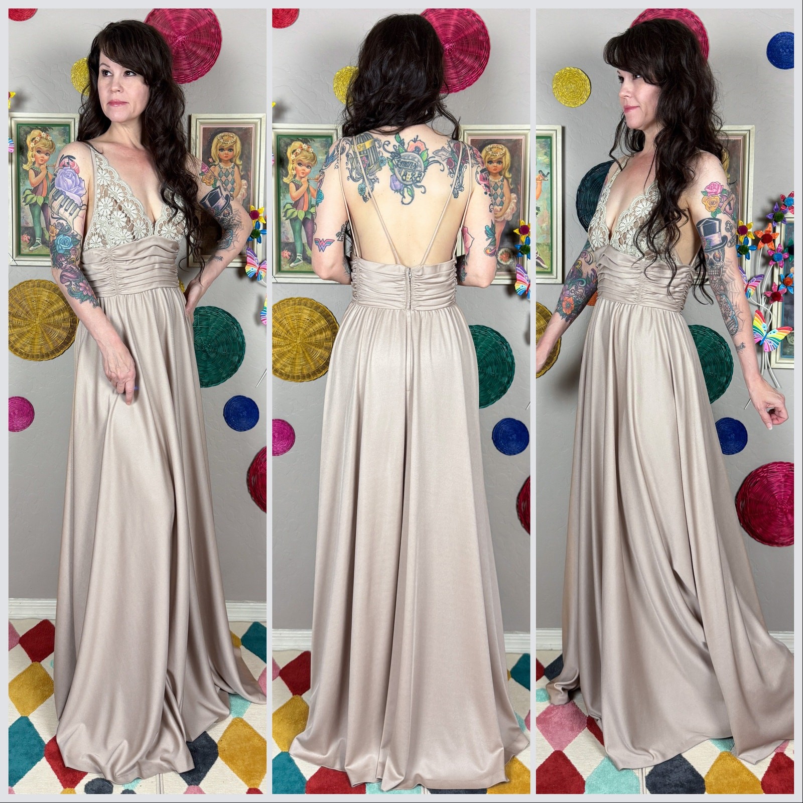 Vintage 1970s Taupe Illusion Floral Lace Strappy Backless Gown | 28″ Waist
