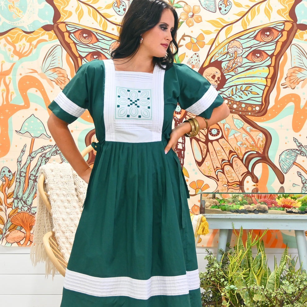 Vintage 70s Quilt Block Side Tie Cottagecore Apron Style Patchwork Midi Dress