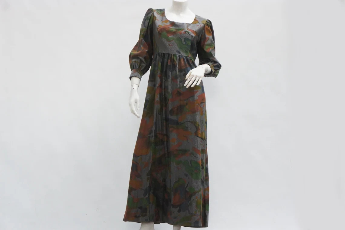 Vintage 60s Metallic Empire Waist Maxi Dress Retro Boho Hippie