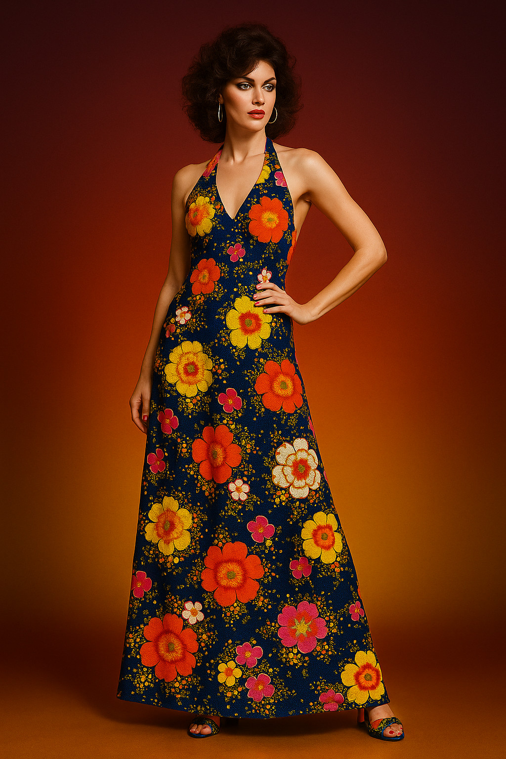 Vintage 70s Maxi Dress Halterneck Navy Floral Acetate Knit Backless 36/38