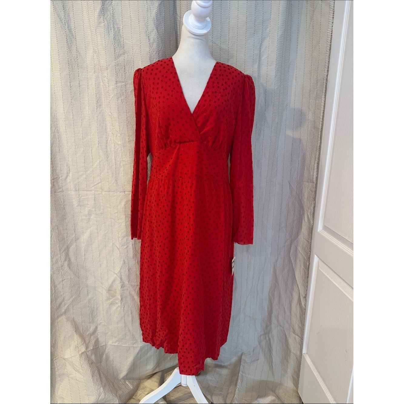 Vintage Mariko New York red long sleeve midi textured polka dot dress