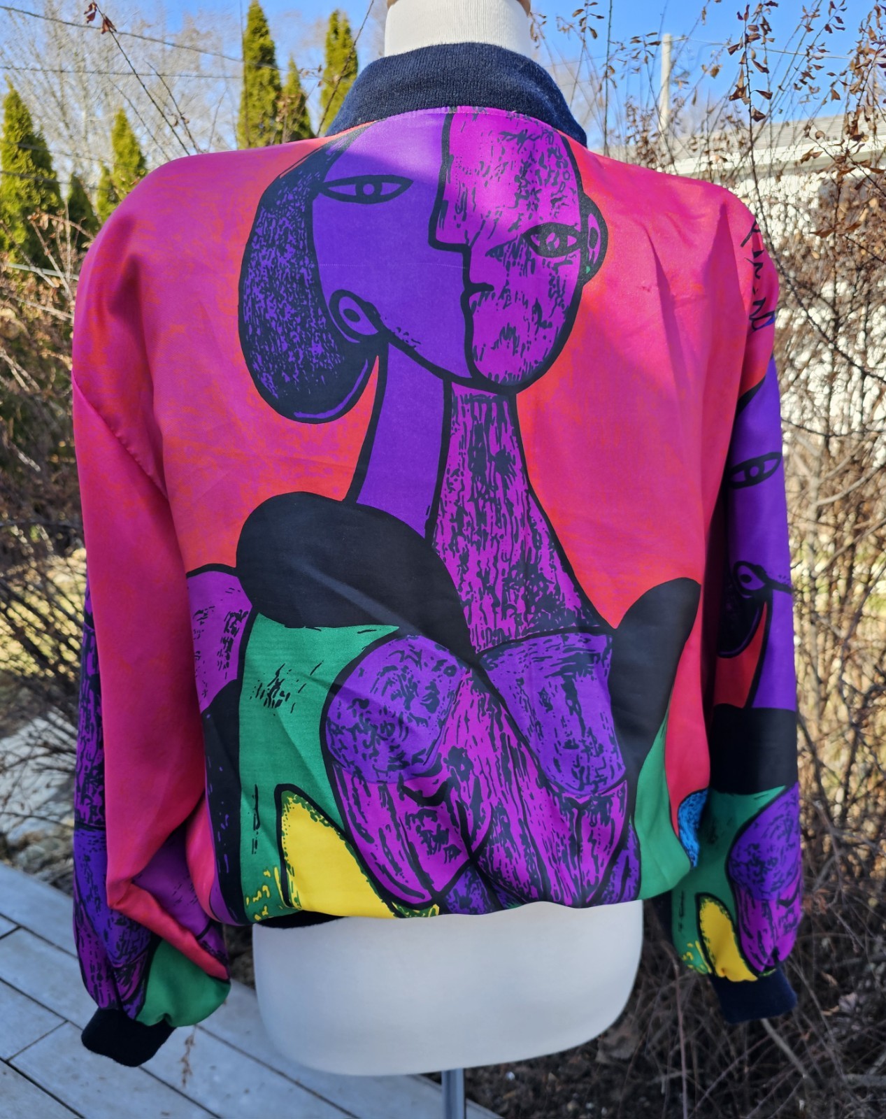 Vtg SHINY SATIN PICASSO ART BOMBER JACKET Sex Education POP ART GRAPHIC SZ L