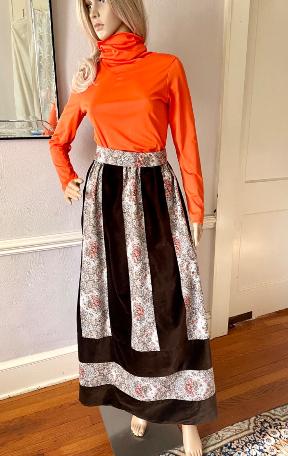 1970s Mr Hank Vintage Set, Velvet Patchwork Maxi Skirt, Cowl Neck Top, Size S