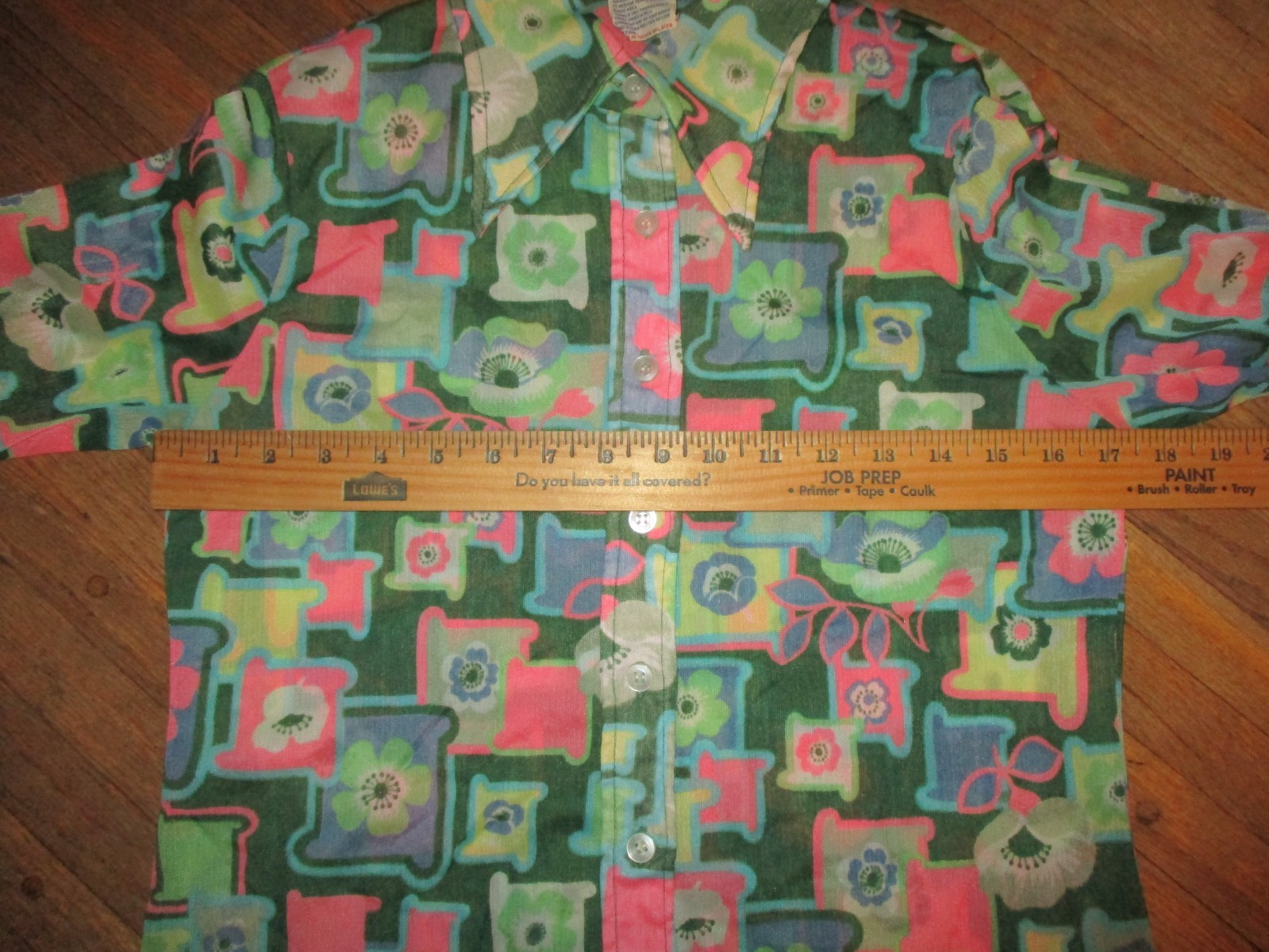 women vtg 70s Stretch Nylon DISCO SHIRT Button Front Blouse Pop Art Floral 36 in