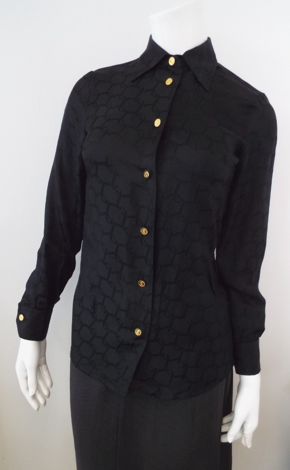 Vintage Roberta di Camerino Black Silk Blouse Shirt XS 6 Belt Logo Gold Buttons