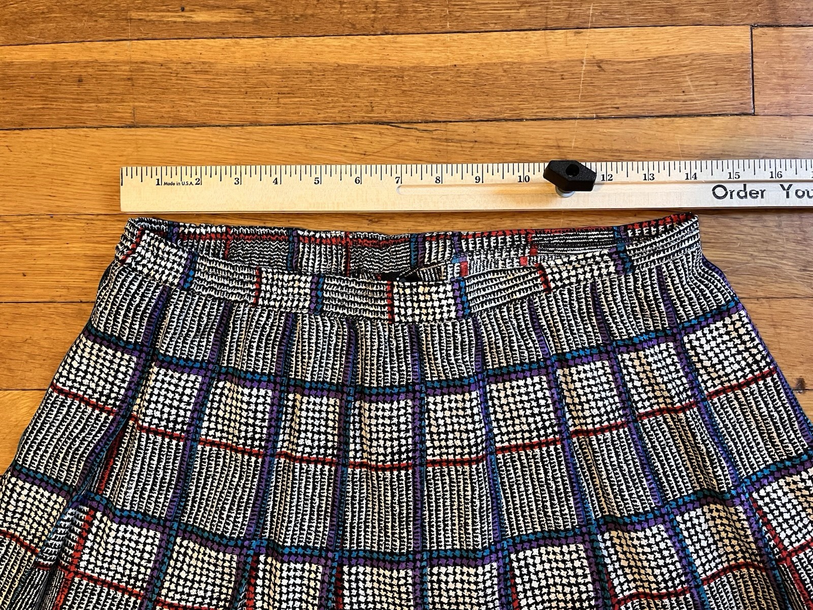 VINTAGE Starington Silk Blouse Skirt Scarf Set Women’s 12 Plaid Grey Blue 80s