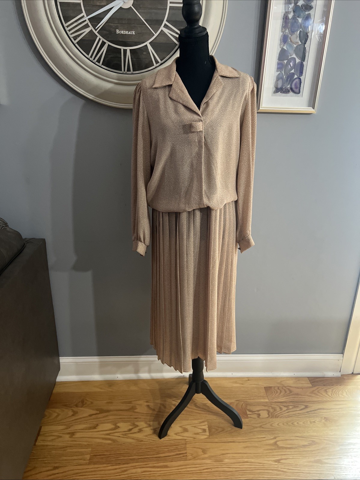 Vintage Breli Dress Size 14 Tan Polka Dots White Polyester