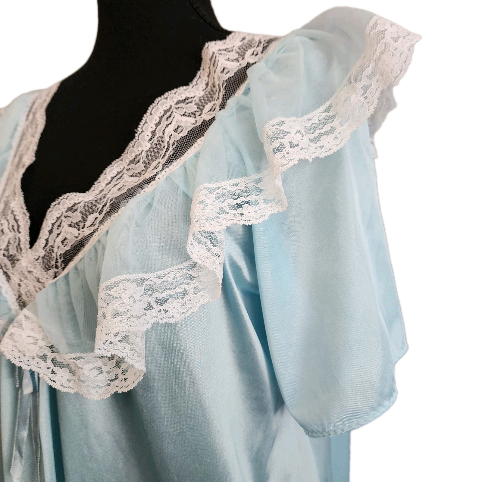 Vintage 80s Romantic Moods Nylon Nightgown Lace Trim Blue Ruffle SZ M Cottagecor
