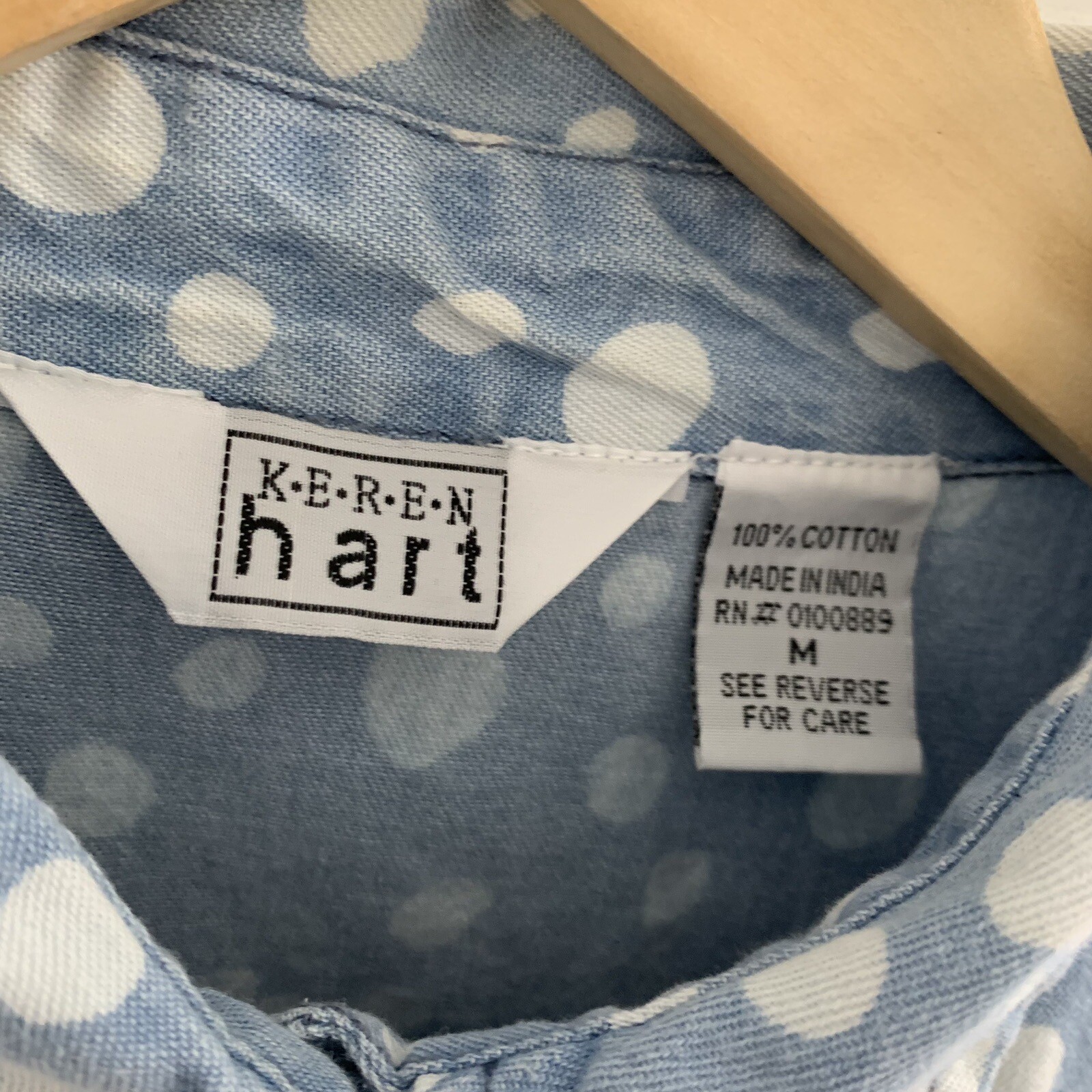 Vintage 90s Keren Hart Womens Medium Light Wash Denim Shirt White Polka Dot