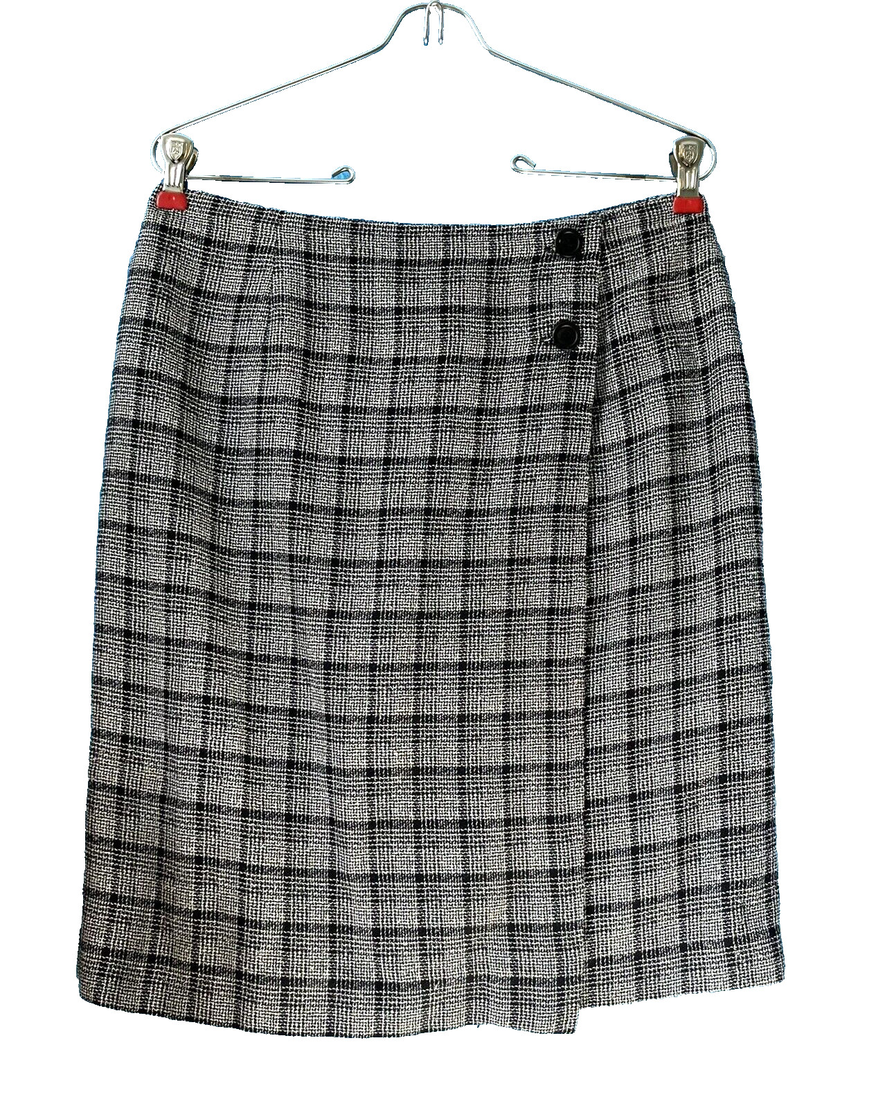 JON-MICHEL Women’s Vintage Black Gray Wrap Skirt Plaid Tweed Lined Size Small