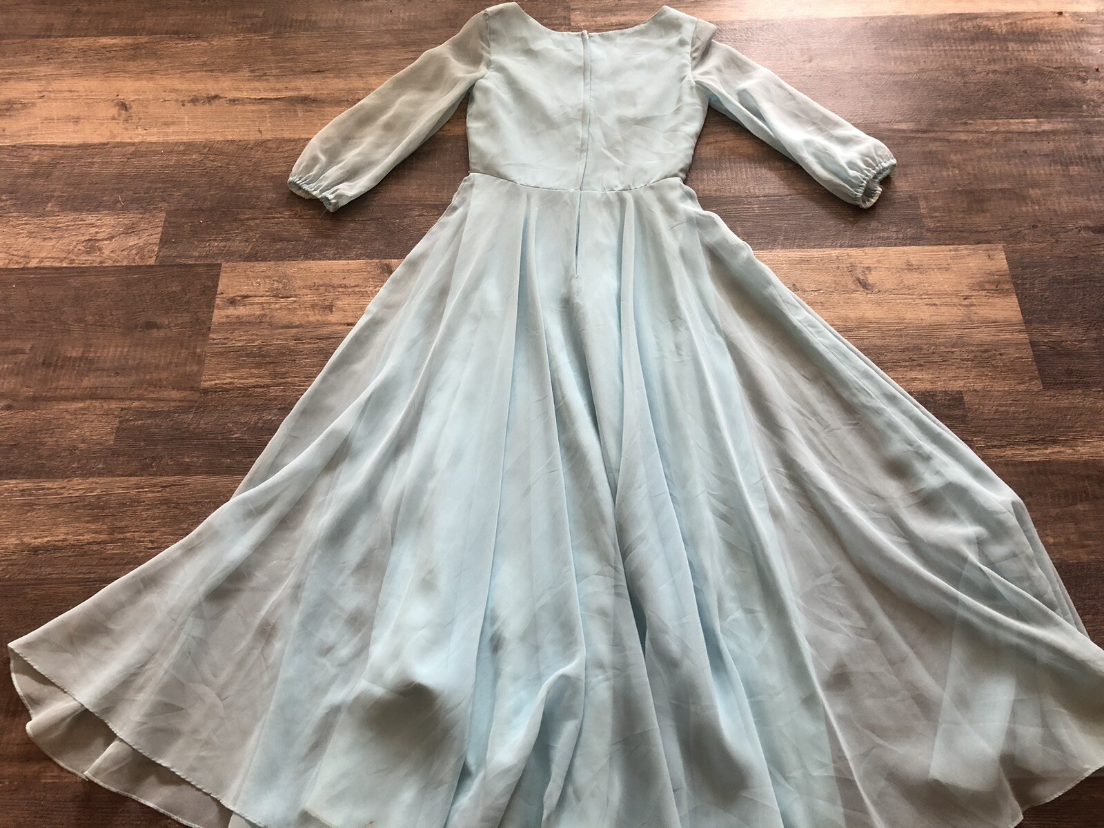 VTG 60s~70s Chiffon Maxi Dress SHEER Long Sleeves Jeweled NeckProm Pale Blue ~S