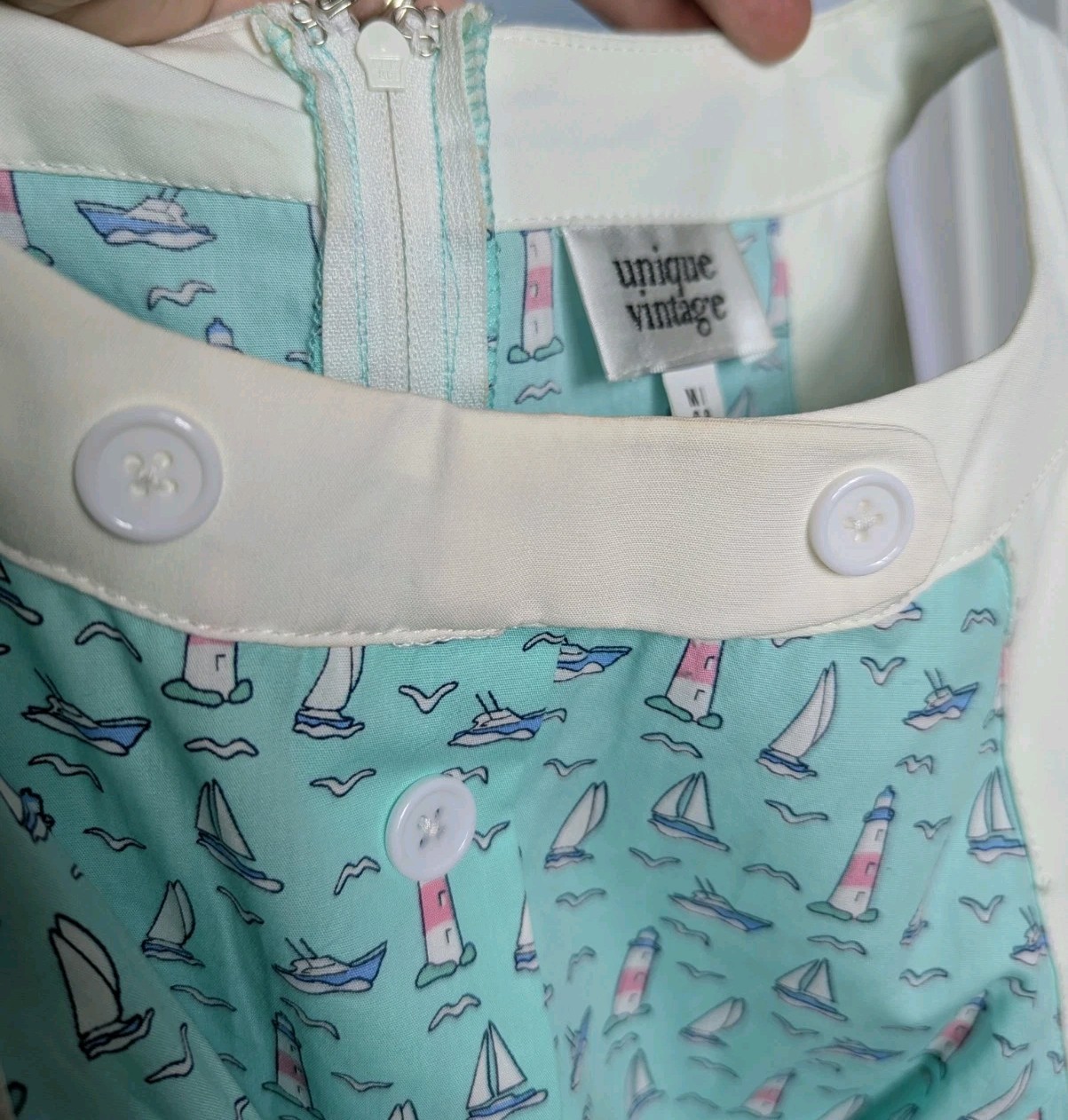 Unique Vintage Maxine Dress Sailboat Lighthouse Print Swing Turquoise Blue Sz M