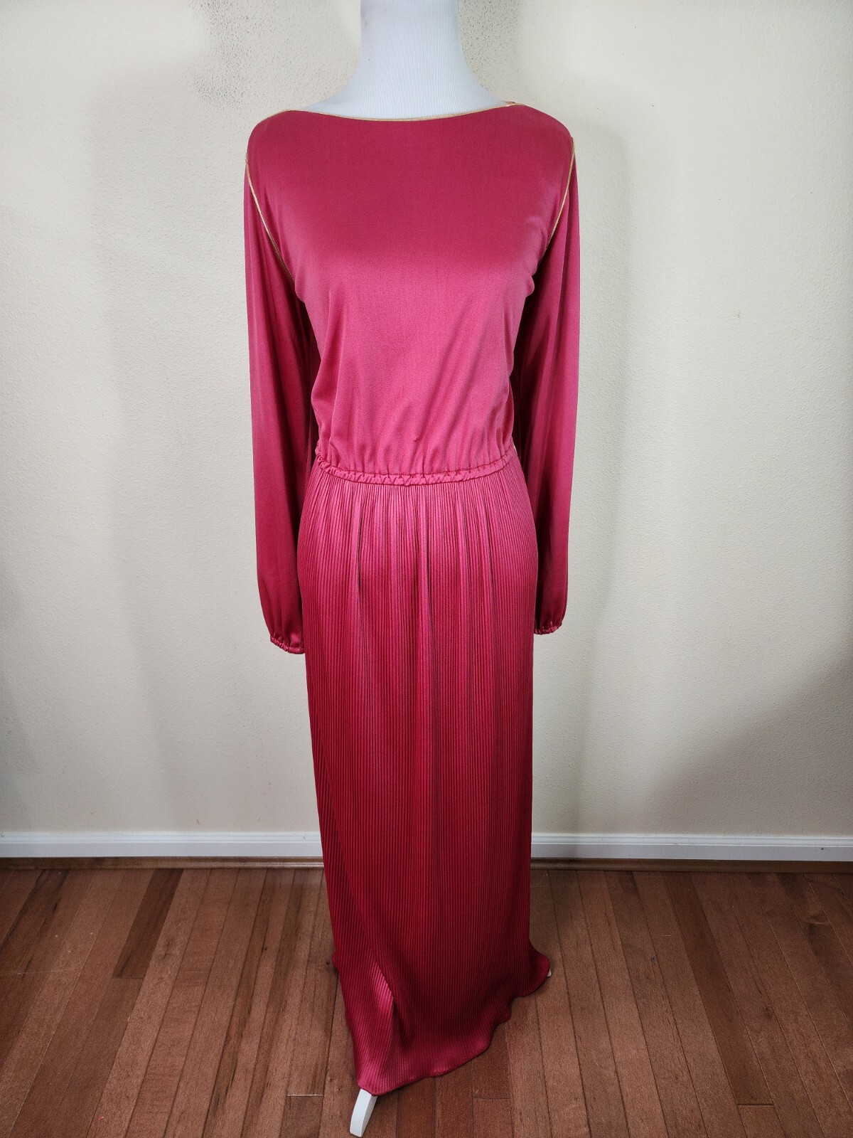 Vintage 70s/80s Miss Rubette Accordion Mulberry Mauve Long Sleeve Maxi Dress 12