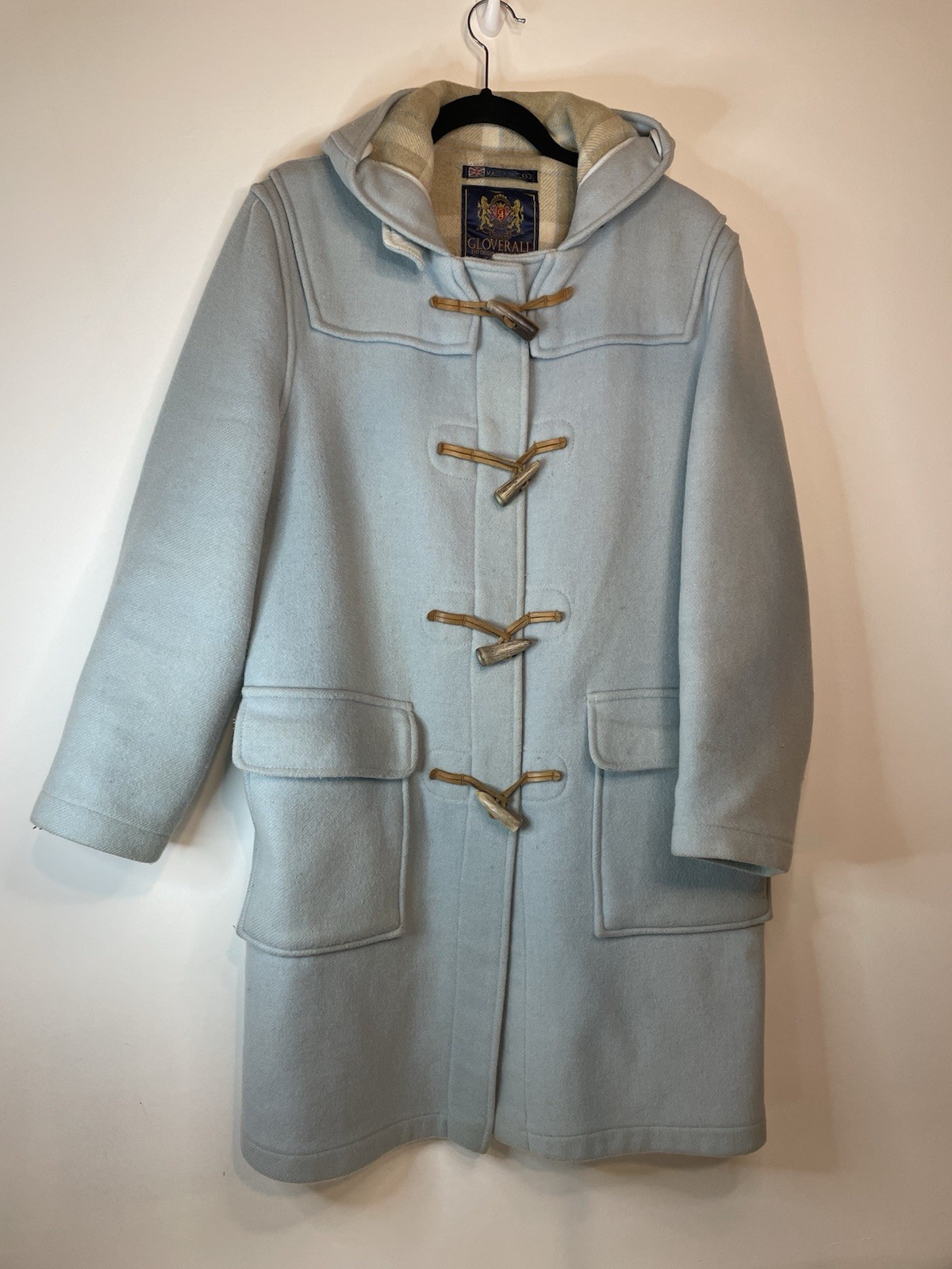 Vintage Gloverall Powder Blue Wool Duffle Coat Womens Sz 8 Hooded Toggle FLAWS